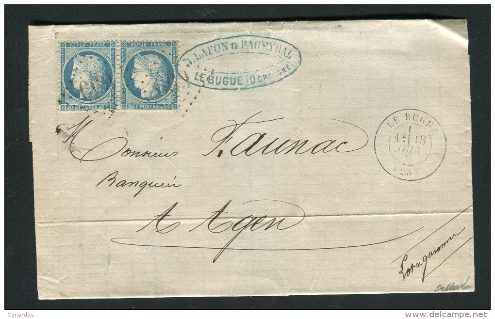 Lettre Du Bugue Pour Agen 1871 Avec Paire N° 37 Variété Filet Inférieur - 1870 Asedio De Paris