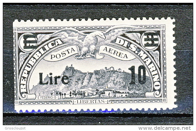 San Marino PA 1942 Soprastampati N. 20 Lire 10 Su Lire 3 Grigio Nero (non Dentellato A Sinistra Per Errore Macchina Stam - Luftpost
