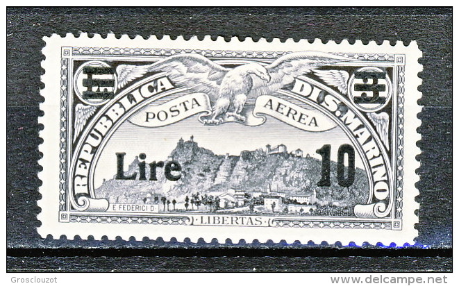 San Marino PA 1942 Soprastampati N. 20 Lire 10 Su Lire 3 Grigio Nero MH - Luftpost
