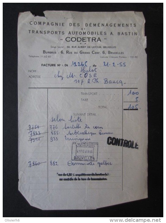 FACTURE (M1506) CODETRA Déménagement Et Transports Automobiles A. BASTIN (2 Vues) 6, RUE DU GRAND CERF BRUXELLES - Verkehr & Transport