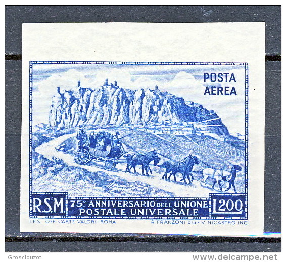 San Marino PA 1951 - 75° Anniversario UPU N. 96 Lire 200 Azzurro MNH Non Dentellato - Luchtpost