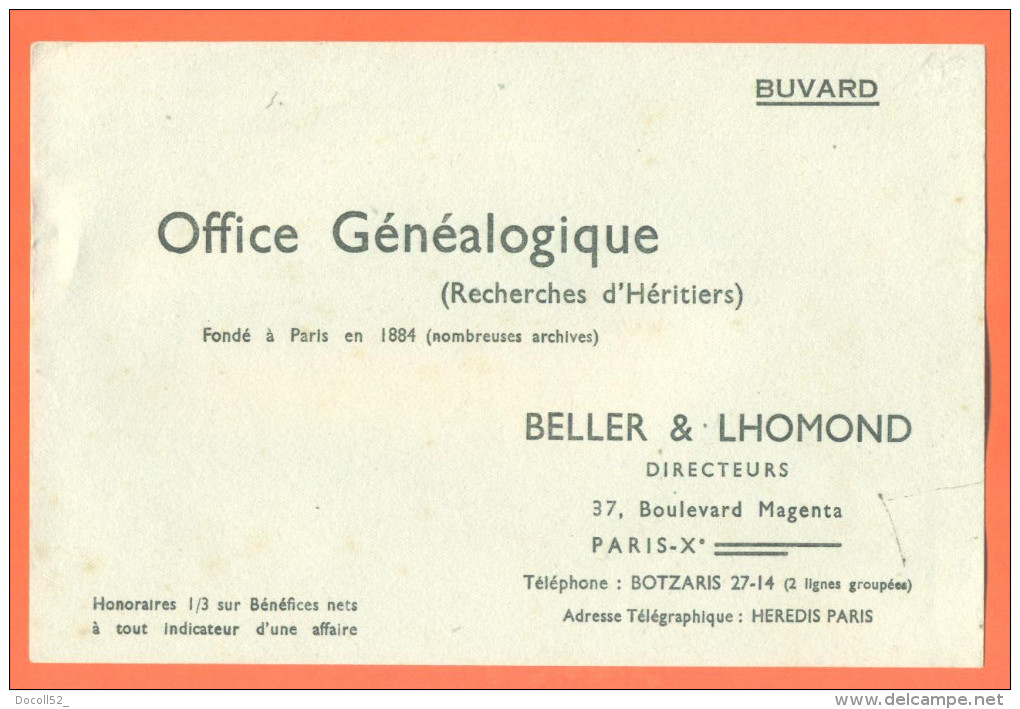 Buvard  Office Généalogique ( Recherches D'heritiers )  à  Paris - Banque & Assurance