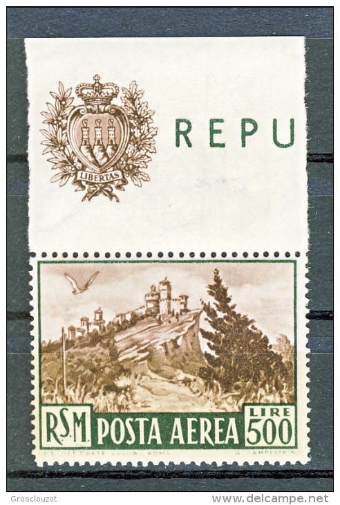 San Marino PA 1951 - Veduta N. 97 Lire 500 Verde Scuro E Bruno Bordo Di Foglietto MNH LUX - Poste Aérienne