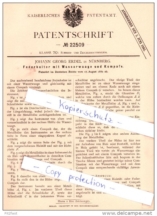 Original Patent - J. G. Erdel In Nürnberg , 1882 , Federhalter Mit Wasserwaage Und Kompaß !!! - Stylos