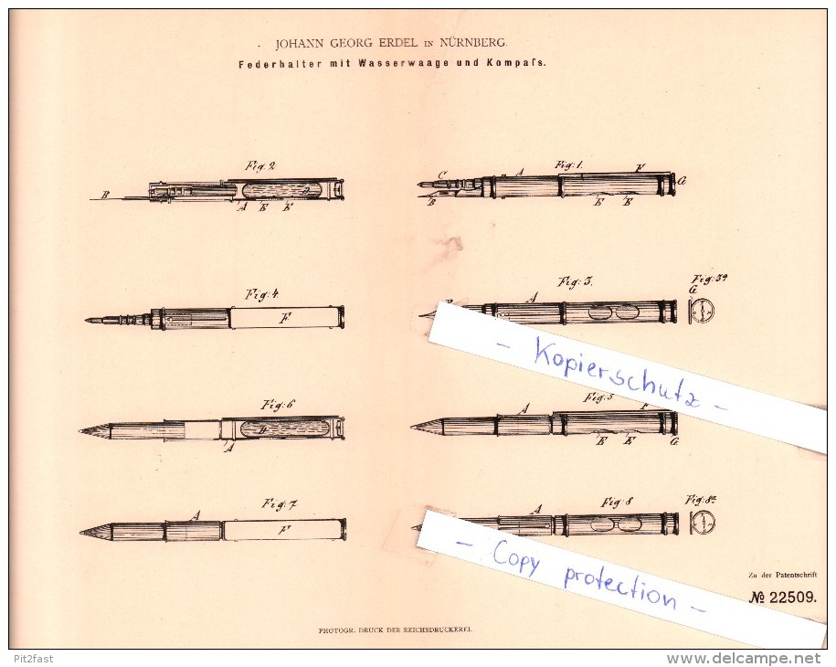 Original Patent - J. G. Erdel In Nürnberg , 1882 , Federhalter Mit Wasserwaage Und Kompaß !!! - Schreibgerät