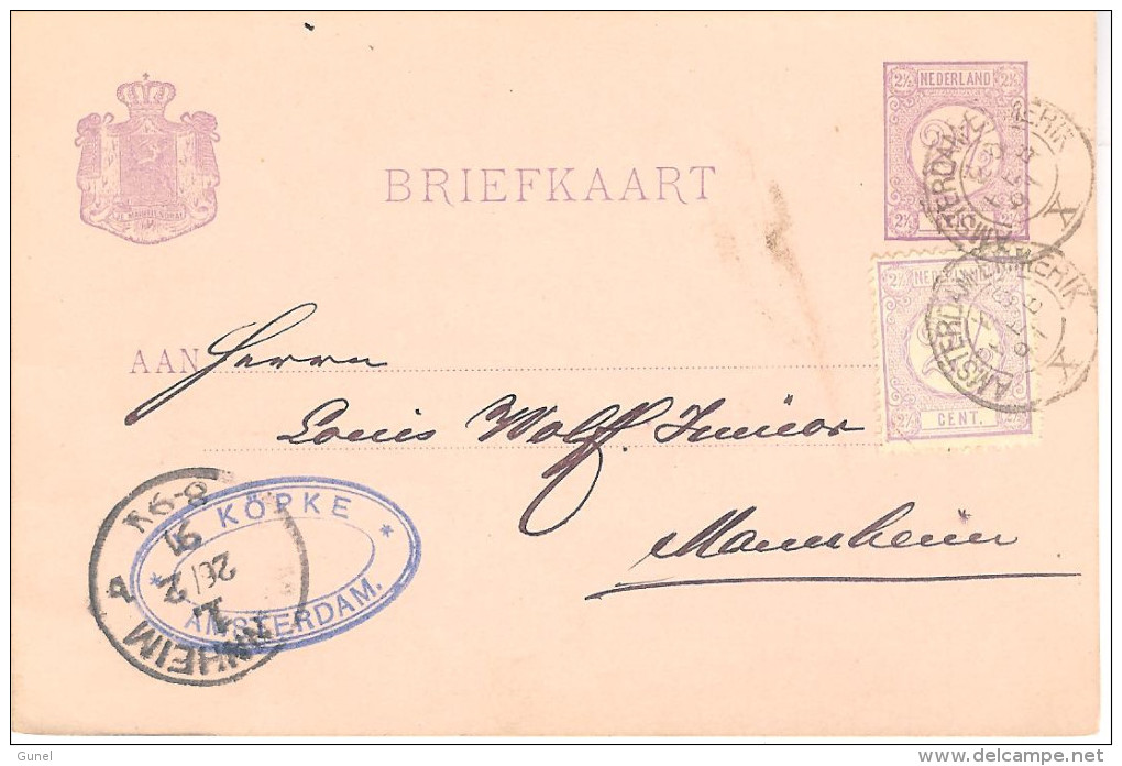 1891 Bijgefrankeerde Bk Naar Mannheim Met Treinstempel AMSTERDAM-EMMERIK X Van 25 FEB 91 - Brieven En Documenten