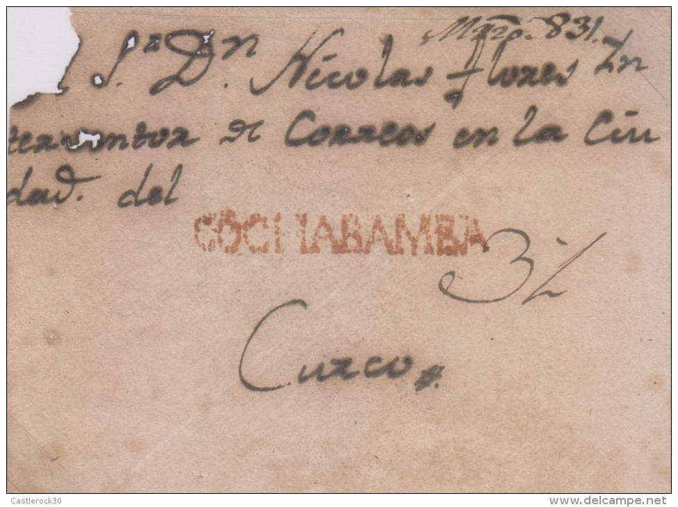 G)1831 PERU, RED COCHABAMBA CANC., CIRCULATED FRONT COVER TO CUZCO, XF - Peru