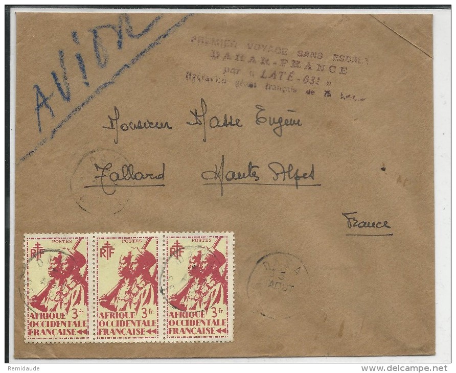 1945 - ENVELOPPE FM De DAKAR (SENEGAL) Pour TALLARD  "1° VOYAGE SANS ESCALE DAKAR - FRANCE PAR LATE 631 HYDRAVION" - Briefe U. Dokumente