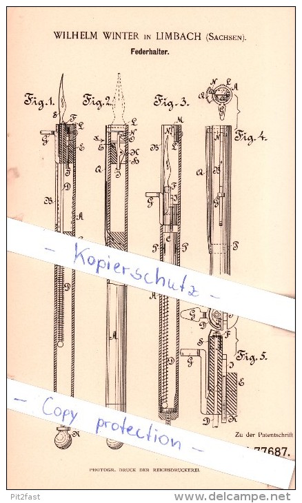 Original Patent - Wilhelm Winter In Limbach , Sachsen , 1894 , Federhalter !!! - Schreibgerät