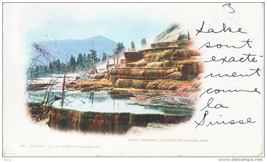 YELLOSTONE-PARC-SUPERBE CARTE LITHO-PULPIT TERRACES-DOS UNIQUE- 4.08.1902-RARE - Yellowstone