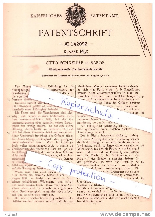 Original Patent - Otto Schneider In Barop , 1902 , Flüssigkeitspuffer Für Ventile !!! - Dortmund