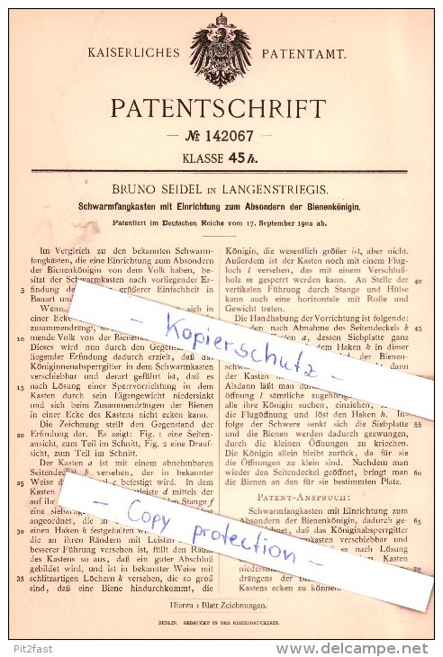 Original Patent - Bruno Seidel In Langenstriegis B. Frankenberg I. Sa., 1902 , Schwarmfangkasten , Imkerei !!! - Frankenberg