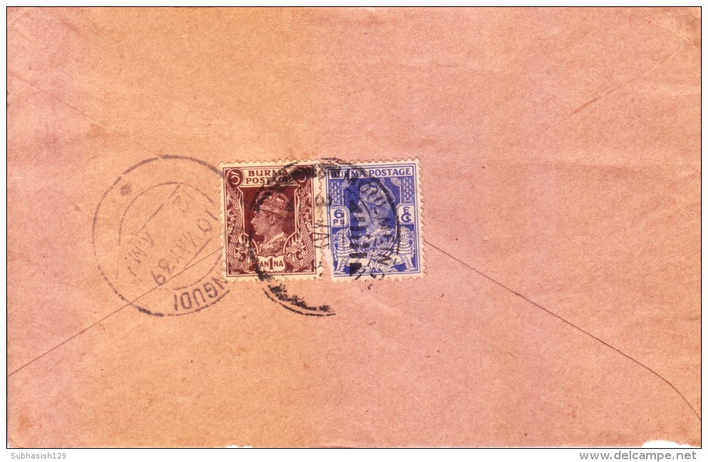 BURMA 1939 COMMERCIAL ENVELOPE POSTED FOR ATANGUDI, INDIA - Birmanie (...-1947)