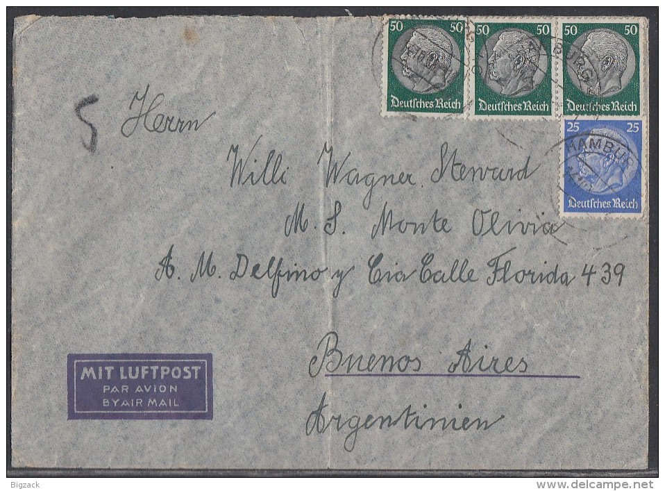 DR Luftpostbrief MiFf Minr.522,3x 525 Hamburg 14.10.38 Gel. Nach Argentinien - Briefe U. Dokumente