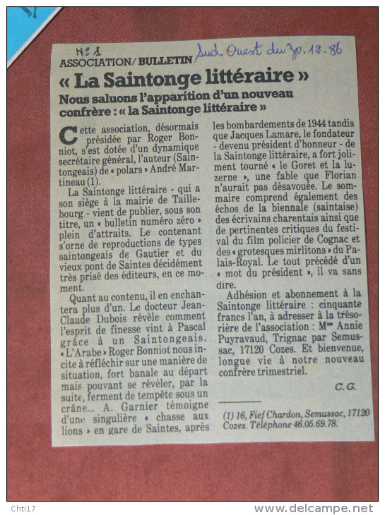 LA SAINTONGE LITTERAIRE / 1987 / 5 BULLETINS /   SAINTES / ROYAN / LA ROCHELLE / ROCHEFORT / PONT L ABBE D ARNOULT - Poitou-Charentes