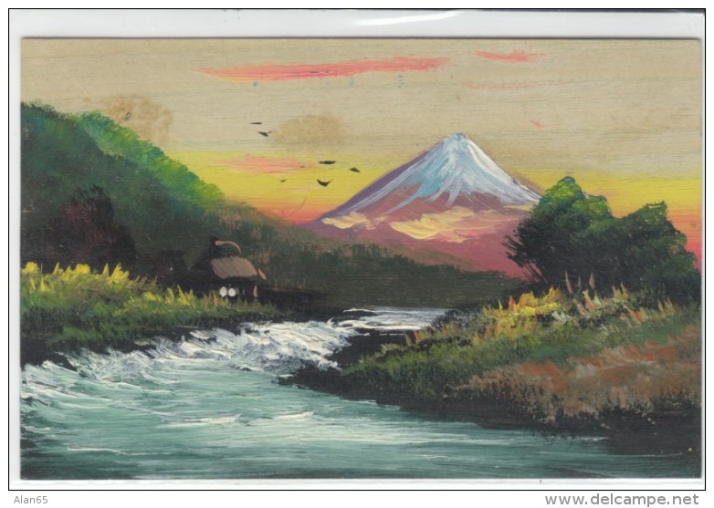 Japan Landscape Mountain Scene Painted On C1900s Vintage Balsa Wood Postcard - Other & Unclassified