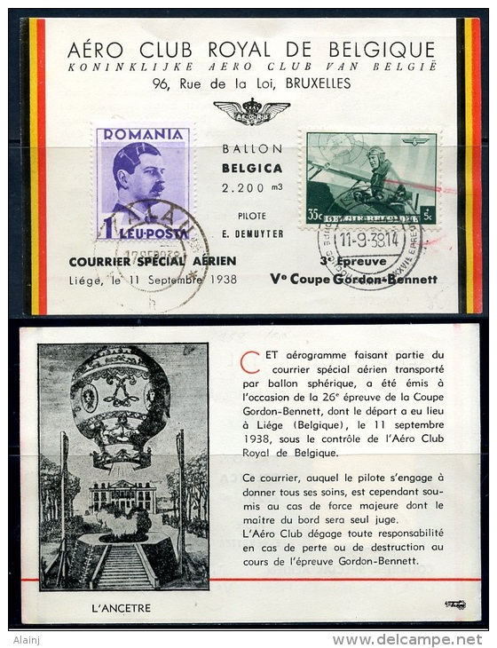BE   Aérophilatélie  --  1938   ---  Ballon Belgica  --  Coupe G. Bennett  --  Départ Liège - Lâcher Sur Zalau Roumanie - Covers & Documents