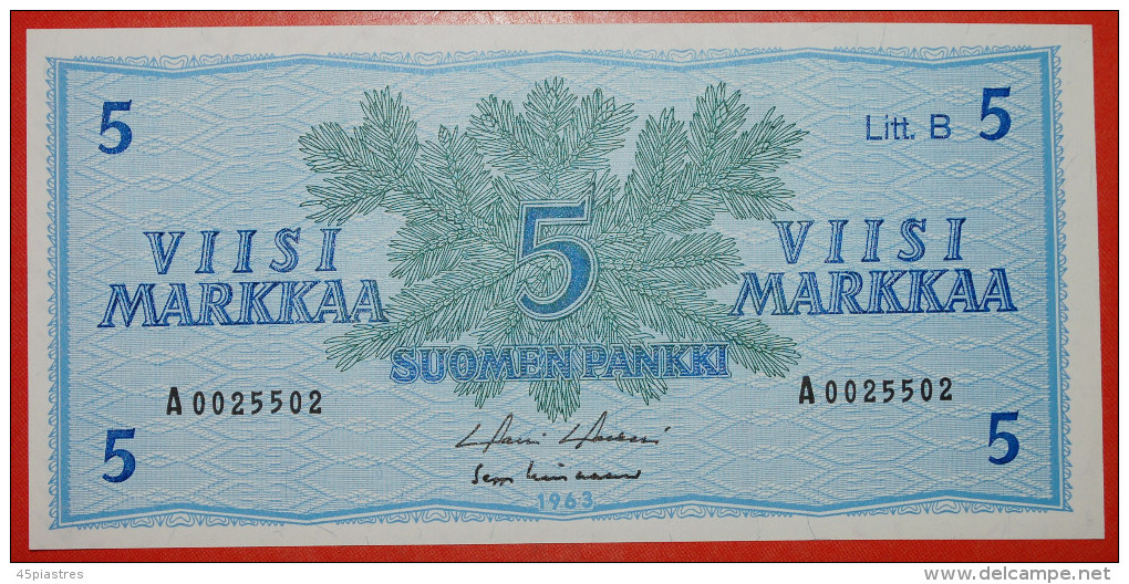 * CONIFER: FINLAND ★ 5 MARKS 1963 Litt. B! UNC CRISP! Holkeri/Lindblom LOW START &#9733; NO RESERVE! - Finland