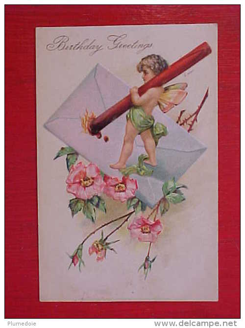 Cpa Gaufrée ANGELOT CACHET ENVELOPPE BATON CIRE FLEURS, 1907 , CHERUB SEAL FLOWERS  Recto Verso  Prix Fixe - Anges