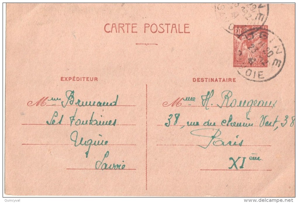 3212 UGINE Savoie Carte Entier Iris 80 C Yv 431-CP1 Ob 23 12 1941 - Lettres & Documents