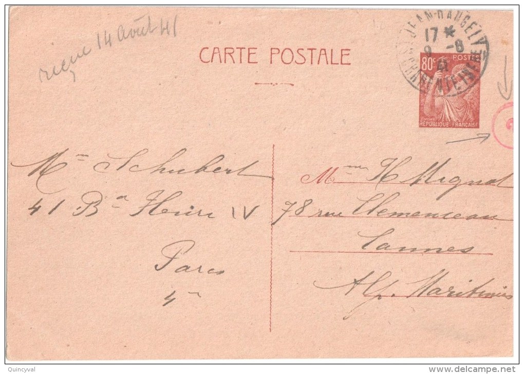 3208 St JEAN D'ANGELY Charente Inférieure Carte Entier Iris 80 C Yv 431-CP1 Ob 9 8 1941  Censure Contrôle 2 - Covers & Documents