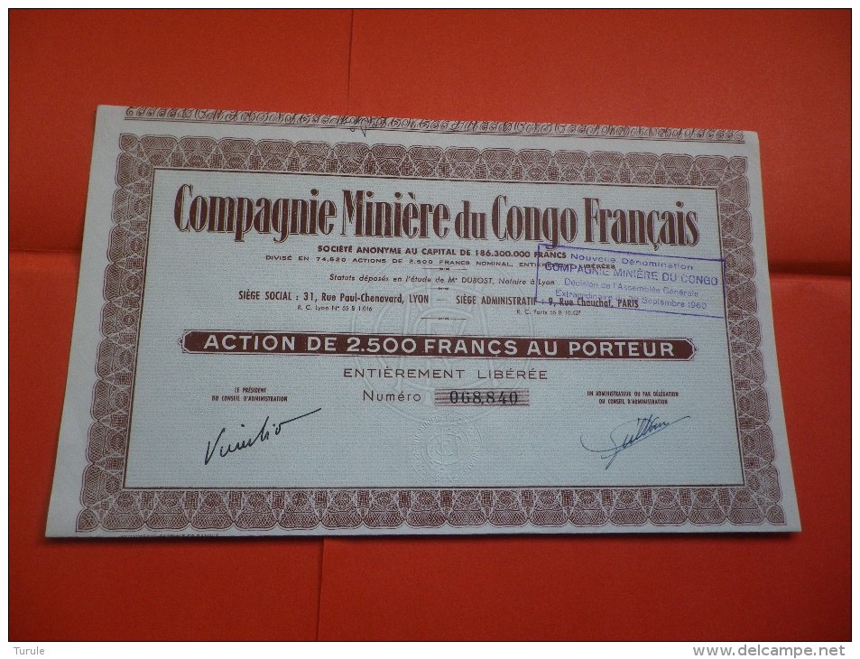 MINIERE DU CONGO FRANCAIS (2500 Francs) Capital 186 Millions - Autres & Non Classés