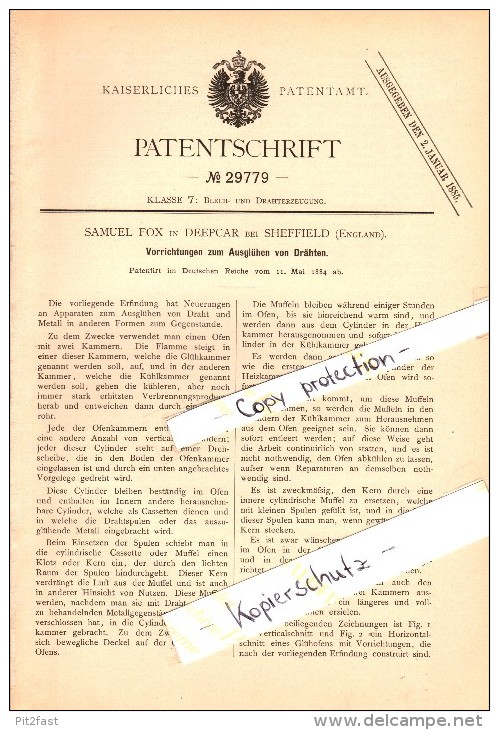 Original Patent - Samuel Fox In Deepcar B. Sheffield , 1884 , Machine For Annealing Wire !!! - Sheffield