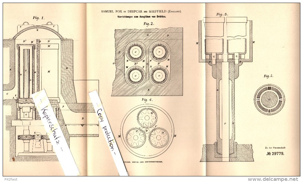 Original Patent - Samuel Fox In Deepcar B. Sheffield , 1884 , Machine For Annealing Wire !!! - Sheffield