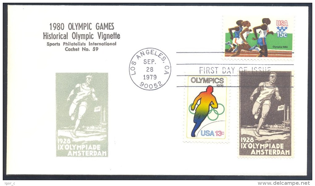 Olympic Games 1928 Cachet & Vignette; 1980 USA Olympic 15c Stamp; Athlettics Track And Field Running - Verano 1928: Amsterdam