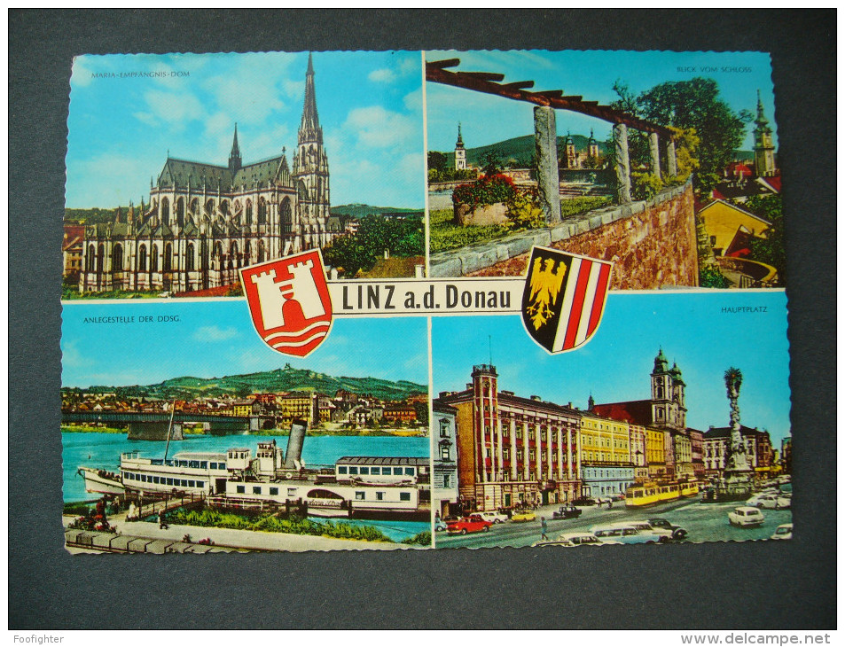 Austria: LINZ - DDSG Anlegestelle. Hauptplatz Straßenbahn, Tramway. Blick Vom Schloss. Dom. Wappen - Unused 1985 - Linz