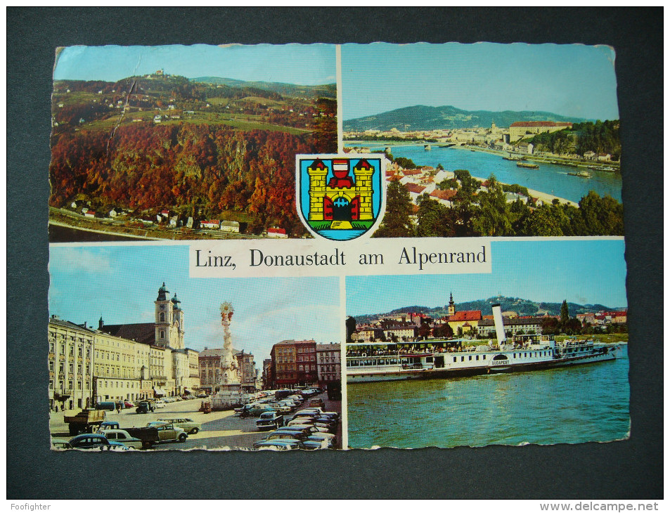 Austria: LINZ Donaustadt Am Alpenrand - Schiff "Budapest". Hauptplatz. Panorama. Wappen - Posted 1980s - Linz