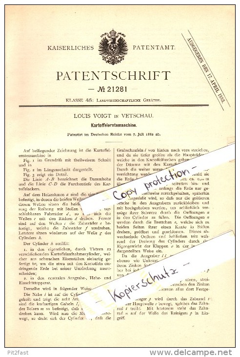 Original Patent - Louis Voigt In Vetschau / Spreewald , 1882 , Kartoffel-Erntemaschine , Landwirtschaft !! - Vetschau