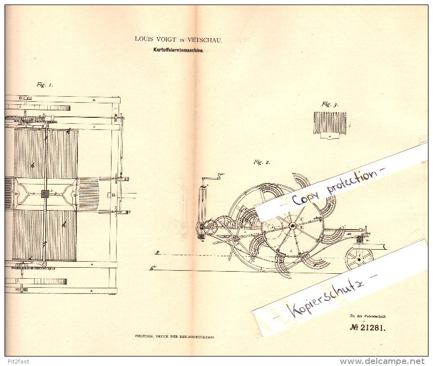 Original Patent - Louis Voigt In Vetschau / Spreewald , 1882 , Kartoffel-Erntemaschine , Landwirtschaft !! - Vetschau