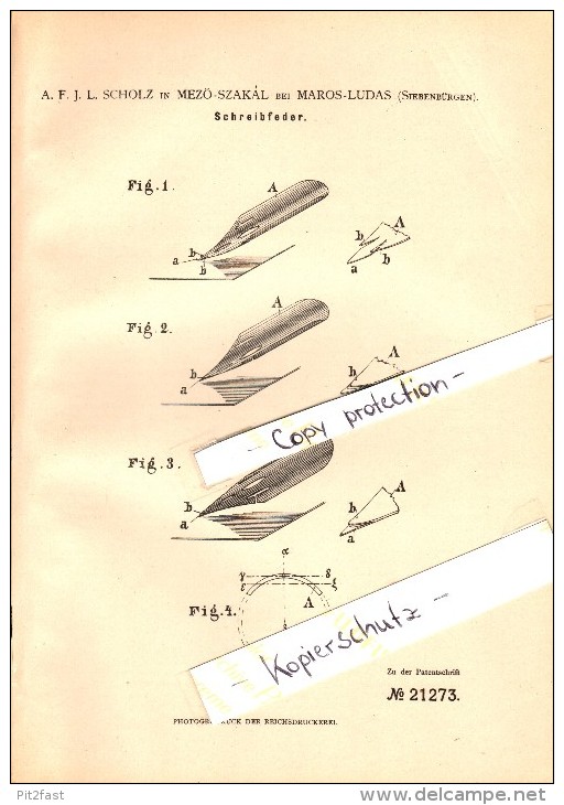 Original Patent - A. Scholz In Mezöszakál Bei Marosludas , 1882 , Schreibfeder , Ludus !!! - Federn