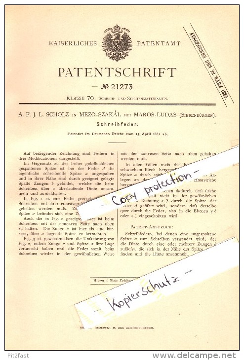 Original Patent - A. Scholz In Mezöszakál Bei Marosludas , 1882 , Schreibfeder , Ludus !!! - Pens