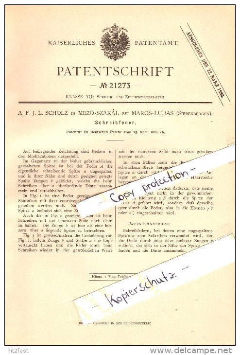 Original Patent - A. Scholz In Mezöszakál Bei Marosludas , 1882 , Schreibfeder , Ludus !!! - Plumas