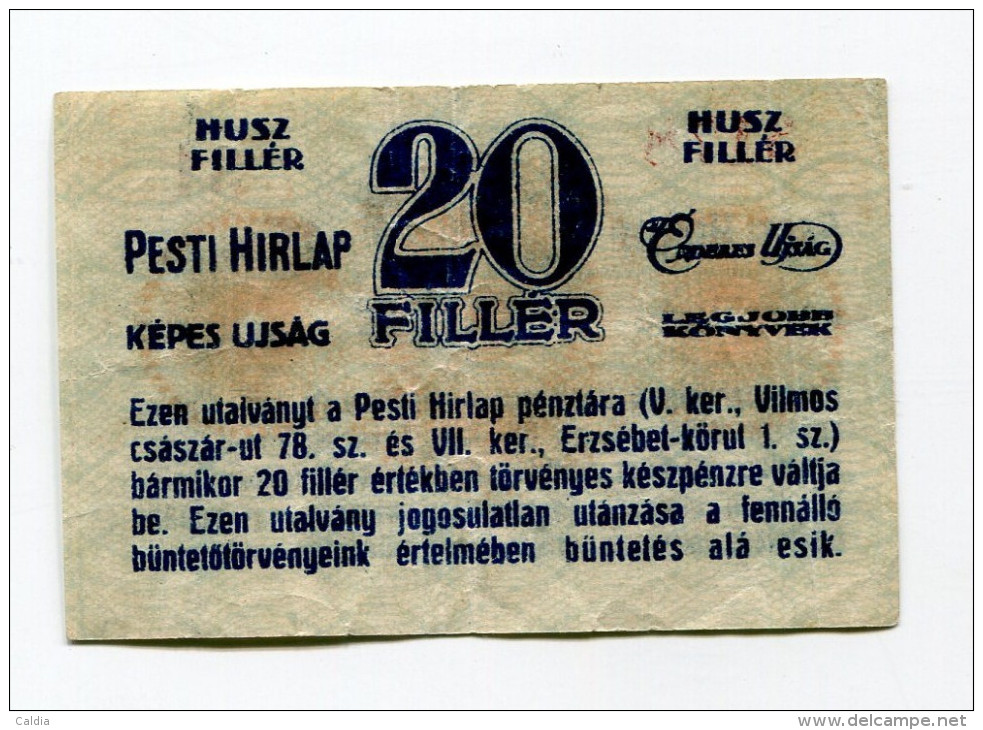 Hongrie Hungary Ungarn (ND)  20 Filler "" PESTI  HIRLAP "" # 2 - Ungarn