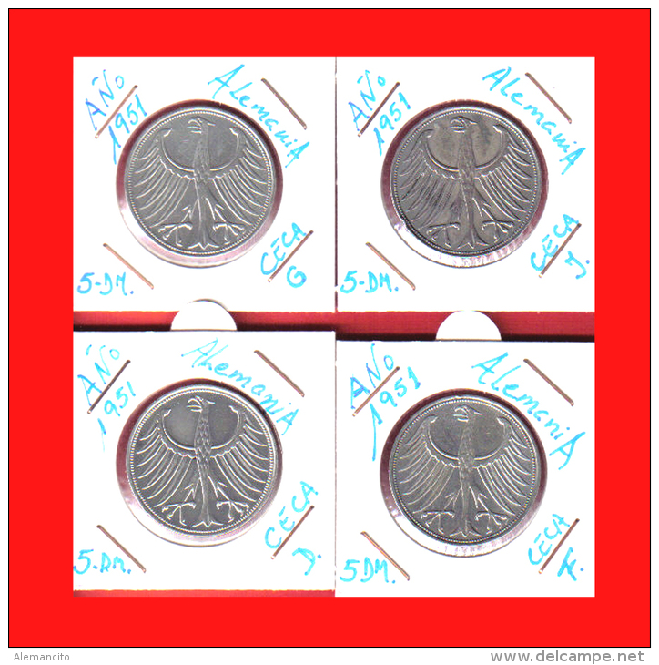 ALEMANIA R.F. MONEDAS DE 5.00 DM -AÑO 1951-CECAS D-F-G-J - 5 Marcos