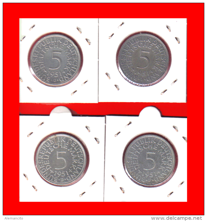 ALEMANIA R.F. MONEDAS DE 5.00 DM -AÑO 1951-CECAS D-F-G-J - 5 Marcos