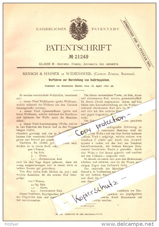 Original Patent - Rensch & Hauser In Wädenswil , 1882 , Herstellung Von Isolierteppichen , Wolle , Zürich !!! - Wädenswil