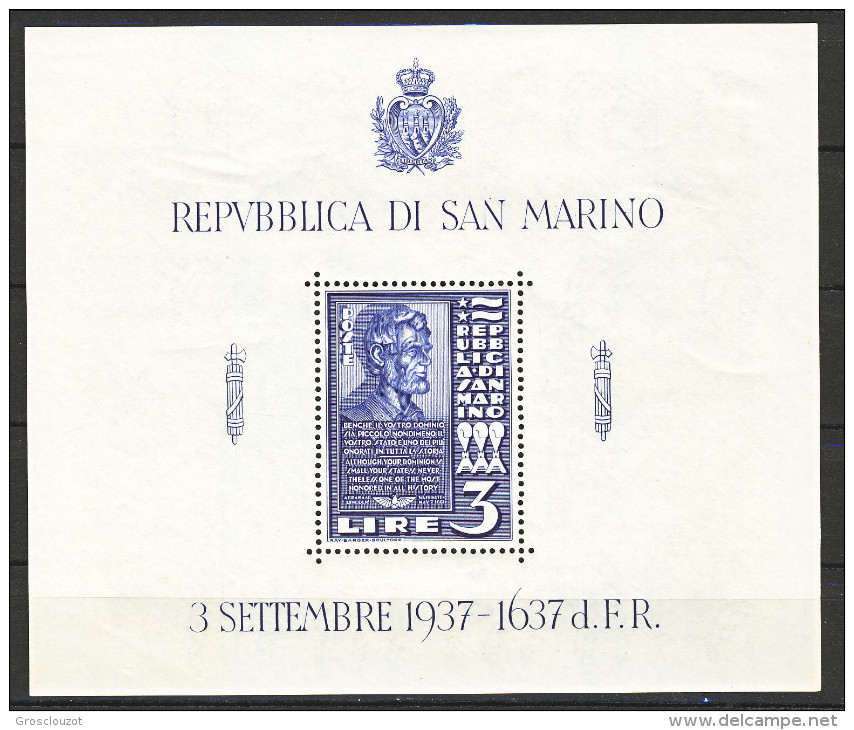 San Marino Foglietti 1938 Inaugurazione Busto Lincoln N. 2 Lire 5 Azzurro E N. 3 Lire 5 Rosso MH - Blocchi & Foglietti