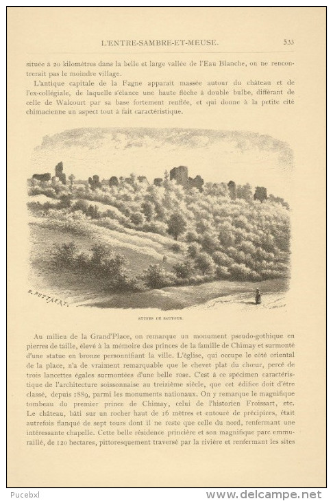 Image Gravure - Entre-Sambre-et-Meuse, Château De Chimay (verso: Ruines De Sautour) - Autres & Non Classés