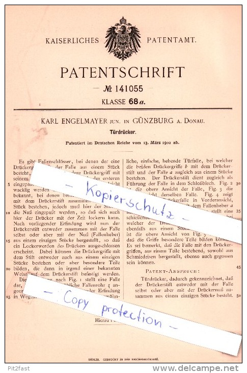 Original Patent -  Karl Engelmayer Jun. In Günzburg A. Donau , 1902 , Türdrücker !!! - Günzburg