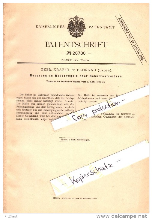 Original Patent - Gebr. Krafft In Fahrnau B. Schopfheim , 1882 , Webervögel Für Weberei !!! - Schopfheim