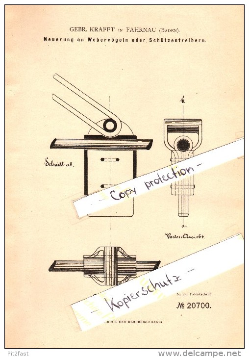 Original Patent - Gebr. Krafft In Fahrnau B. Schopfheim , 1882 , Webervögel Für Weberei !!! - Schopfheim