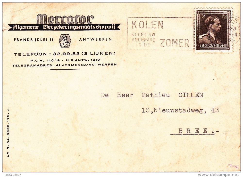 C01-164 - Belgique CP - Carte à Pub Cigarette Cigare Mercator Du 0-1-1900 - COB  - Cachet De  - Série  - Flamme Kolen Zo - 1934-1935 Leopold III