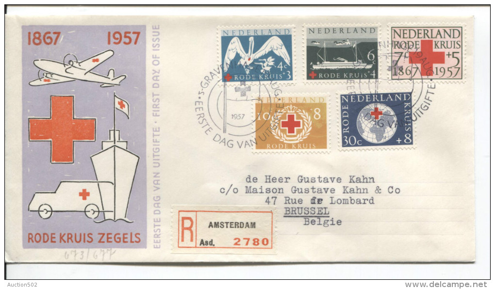 Nederland FDC Aangetekende Brief Rode Kruis Zegels  C.Amsterdam 1957 V.Brussel PR1707 - FDC