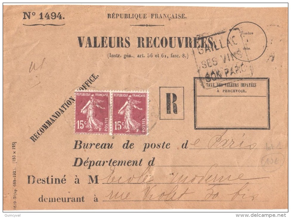 3214 GAILLAC Valeurs Recouvrées 1494 Taxe De Retour Mandat Matérialisé Timbre Poste Tf 1 5 1926 Semeuse 15 C Yv 189 - Postal Rates