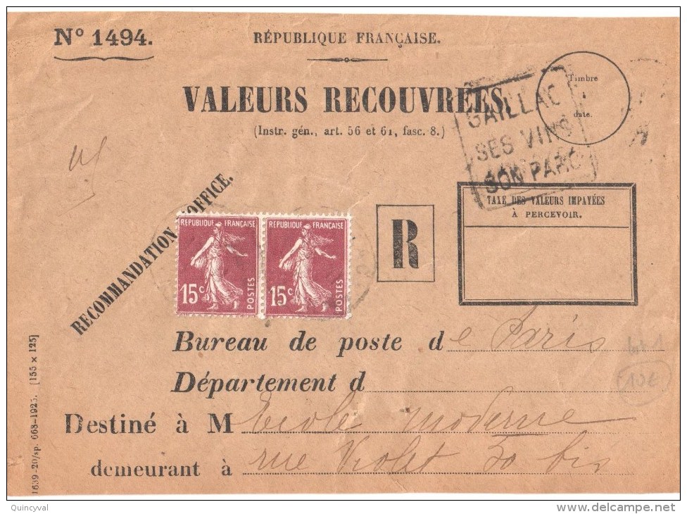 3214 GAILLAC Valeurs Recouvrées 1494 Taxe De Retour Mandat Matérialisé Timbre Poste Tf 1 5 1926 Semeuse 15 C Yv 189 - Tariffe Postali