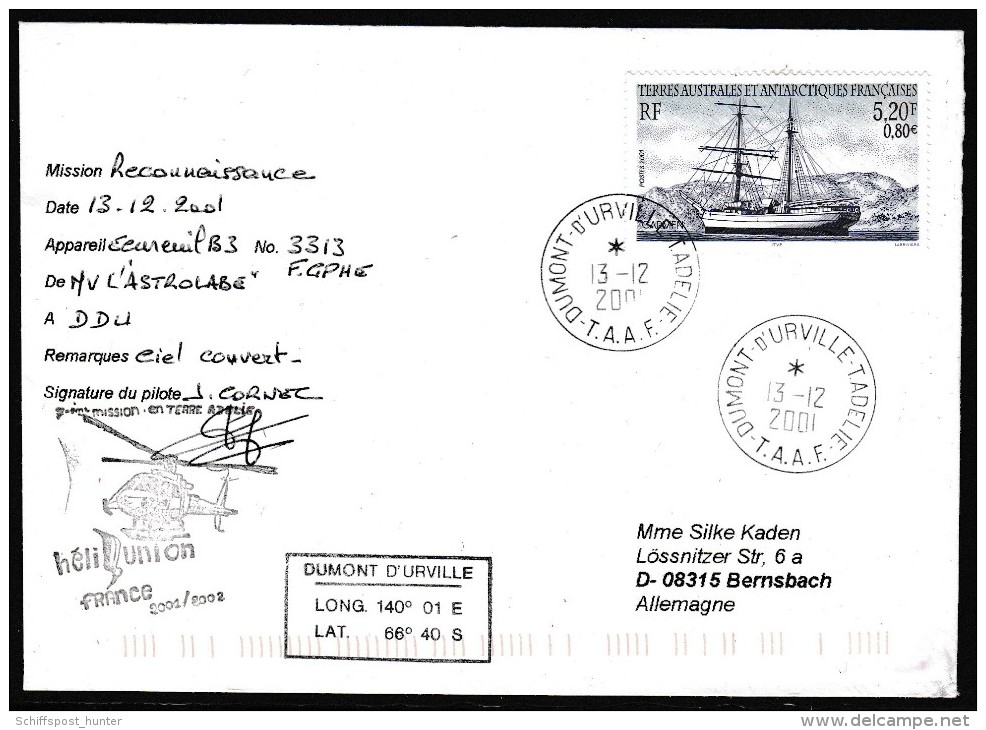 ANTARCTIC, TAAF, D´URVILLE, 13.12.2001, 2 Cachets, HELICOPTER-Flight With Sign Pilot, Look Scan !! 18.2-38 - Expéditions Antarctiques